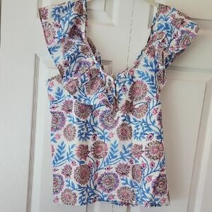 J. Crew Blue and Pink Floral Ruffled Blouse